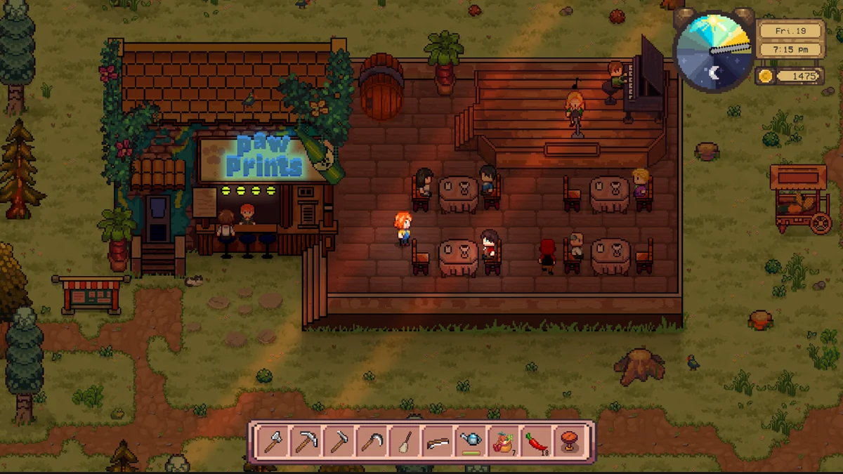 Pawsome Resort gameplay screenshot showing farm tools and habitat